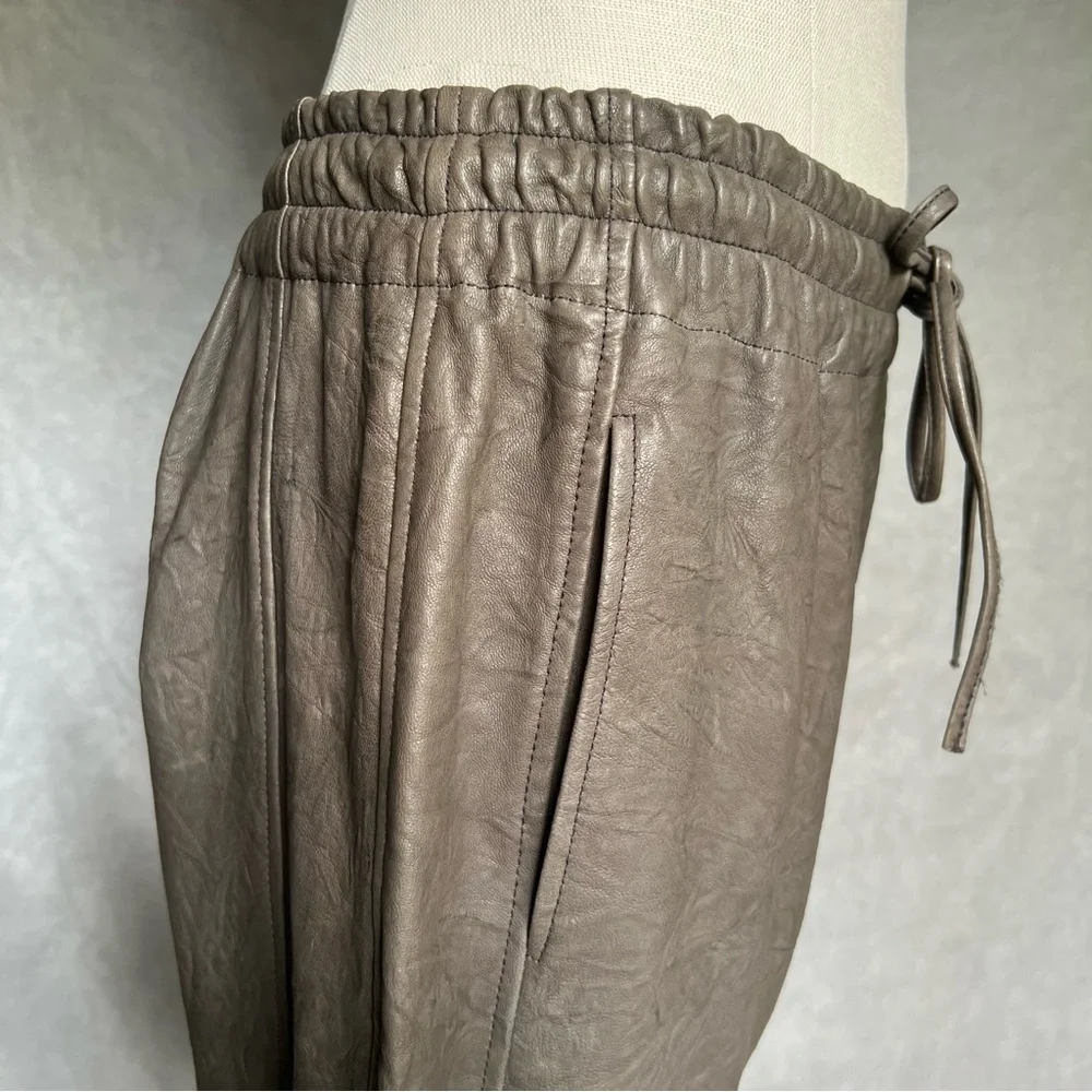 ROCOCO Crinkle Leather Pants Sz S Barrel Drop Crutch Crop Harem Olive Green Soft - Picture 7 of 17